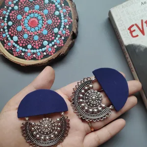 Navy blue Fabric Earrings with Silver oxidised Charm