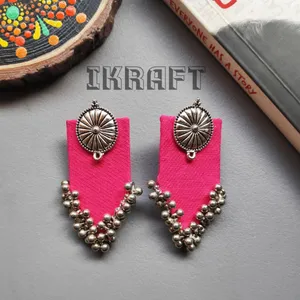 Pink Fabric Earrings With detailings of Hanging Beads and oxidised Stud