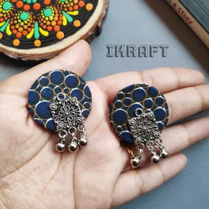 Navy blue Fabric Earrings With Detailings of Oxidised Charms and hanging beads