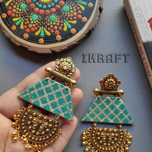 Green and golden Fabric Danglers With Golden Oxidised Charms and Studs 